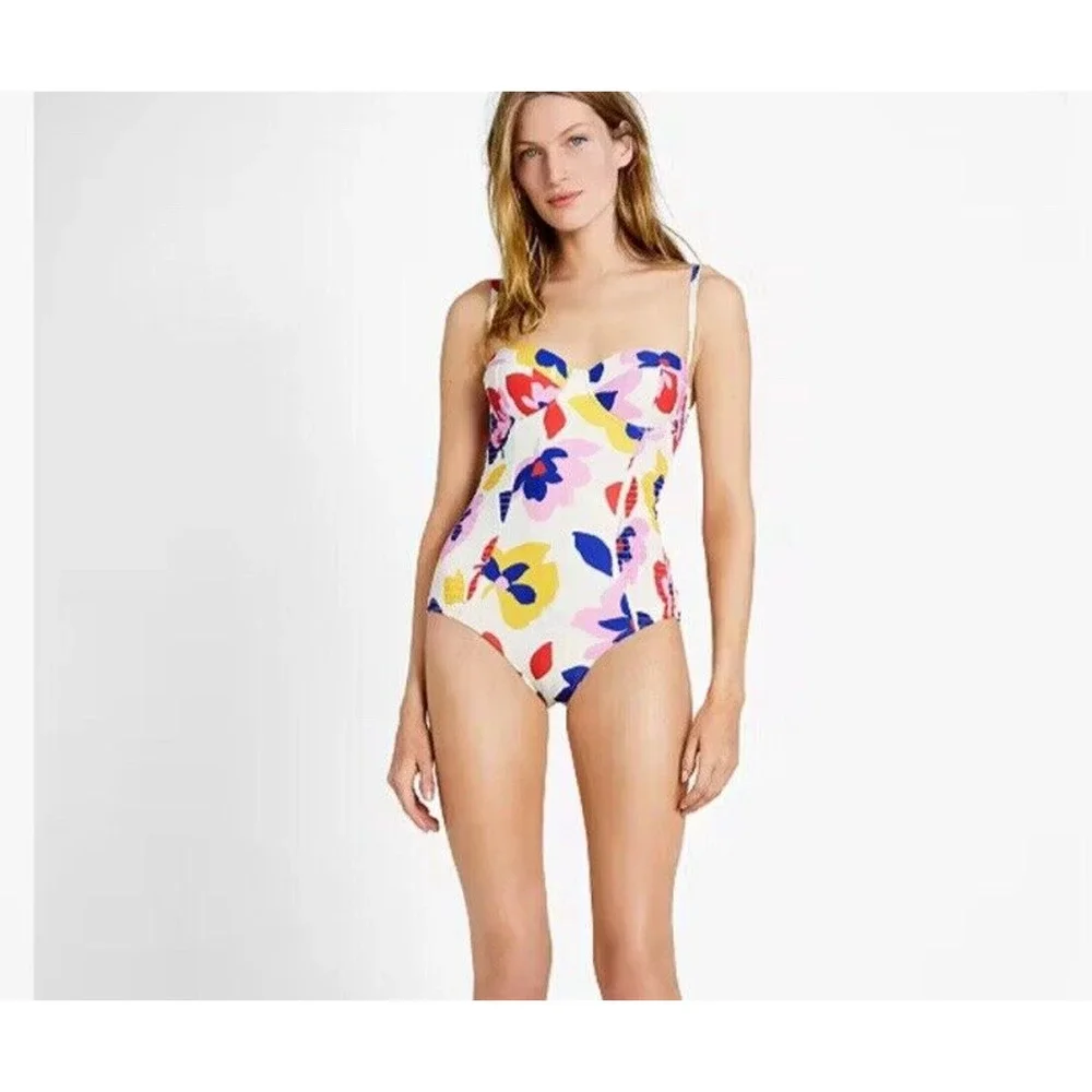 Kate Spade Summer Floral Smocked Underwire One Piece Swimsuit Ivory Womens XL